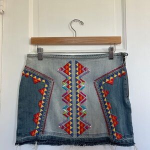 Embroidered Free People Denim Skirt with Multicolor Patterns